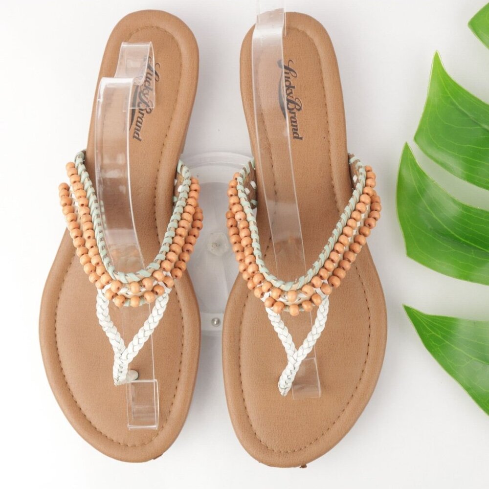 Lucky Brand Womens Dollis Sandal Size 9 White Orange Beads Thong Slide Flip Flop